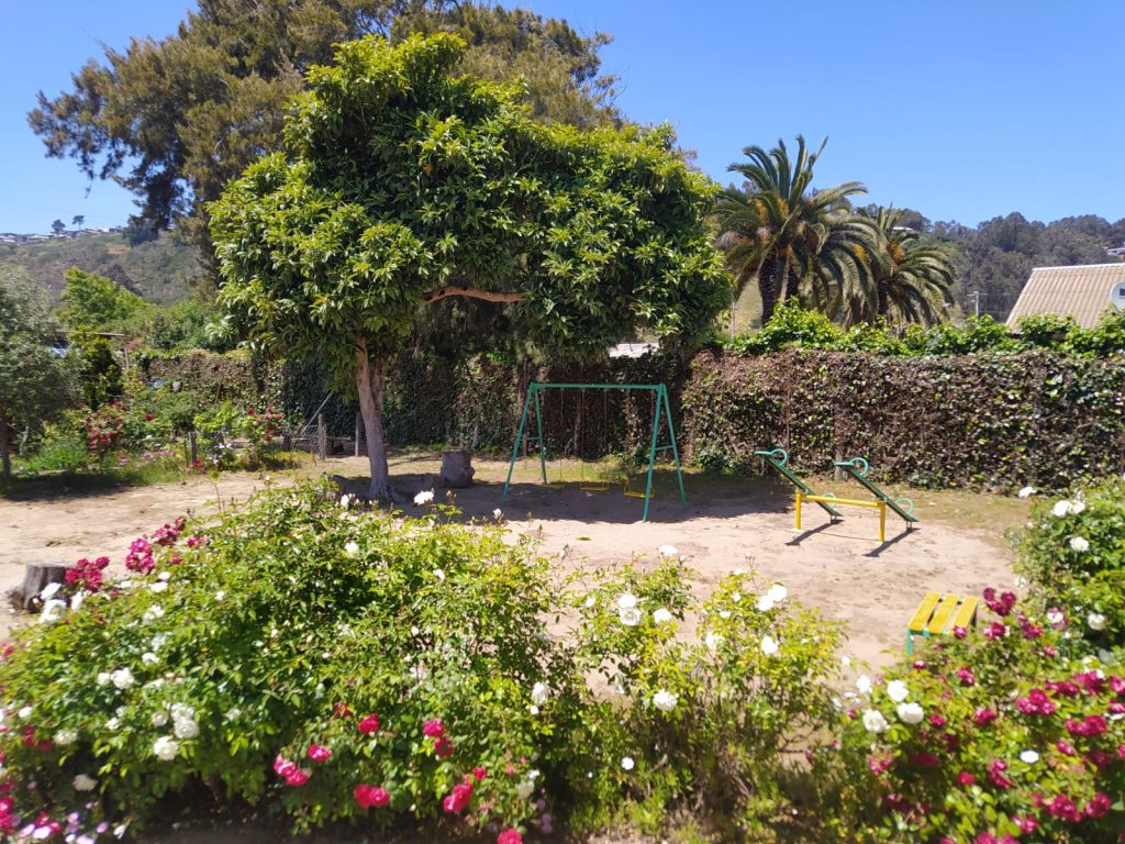 Jardín con columpios y flores.